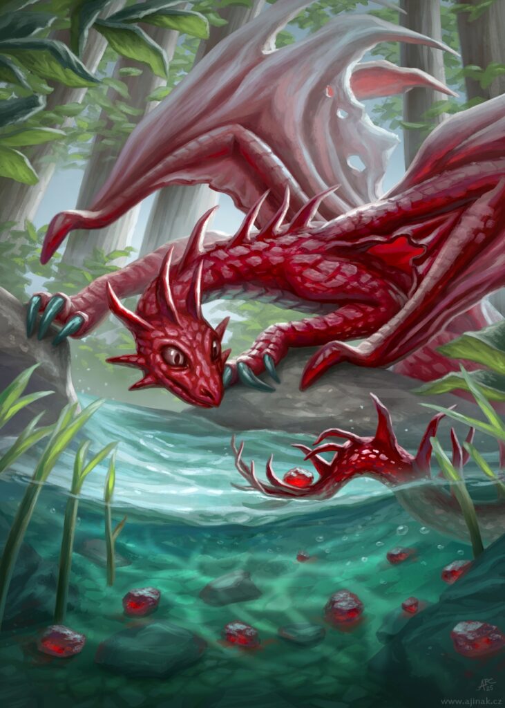 Granátový drak - ilustrace pro Dračí kalendář 2026: Draci podle minerálů a drahokamů